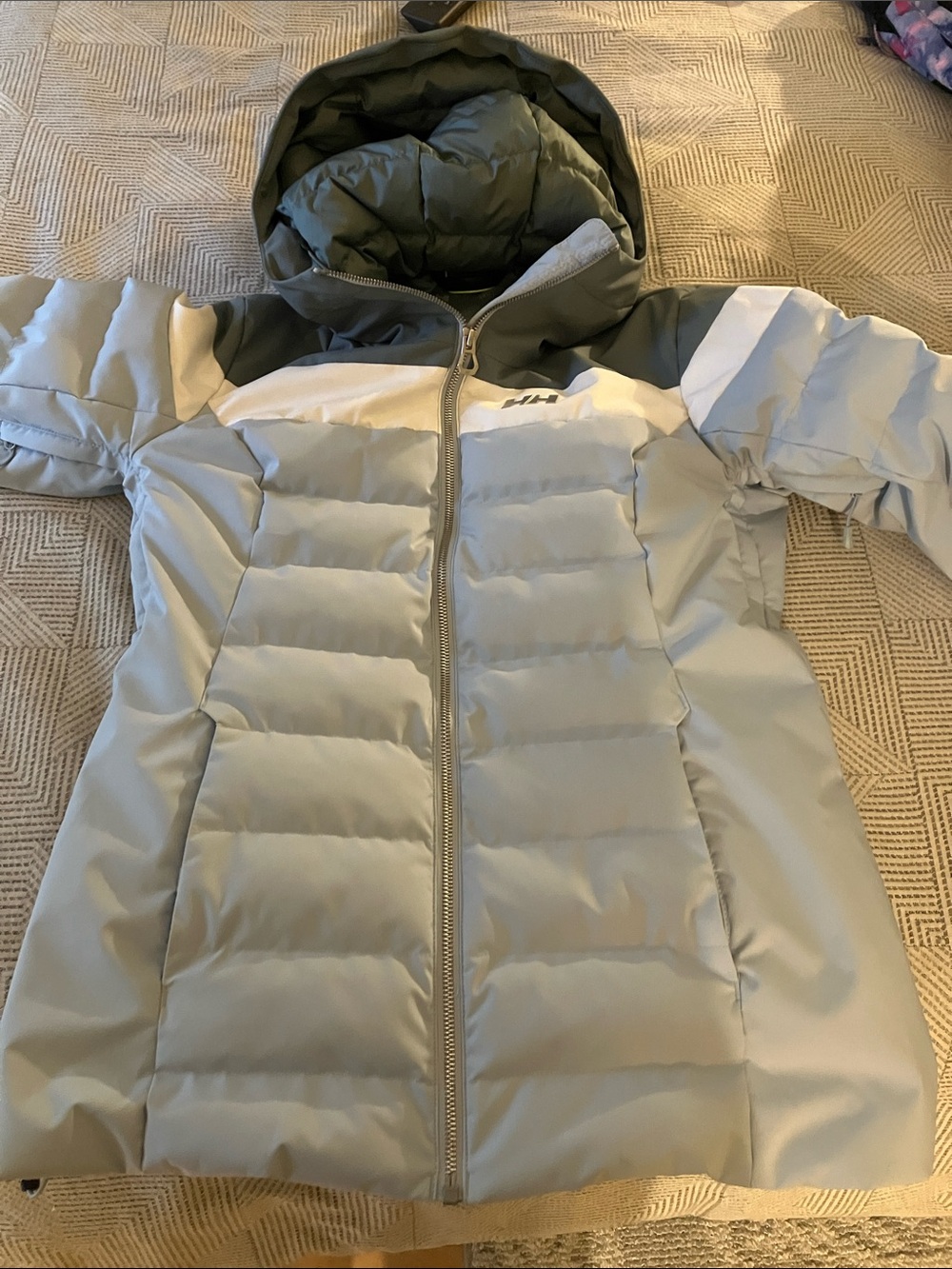 Helly Hansen Kids Light Gray and Olive Hooded Puffer Jacket